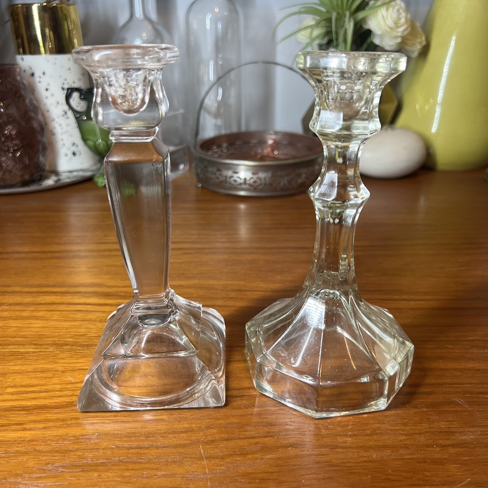 Vintage Art Deco Clear Crystal Candlestick Holders Faceted Stepped Base 7"